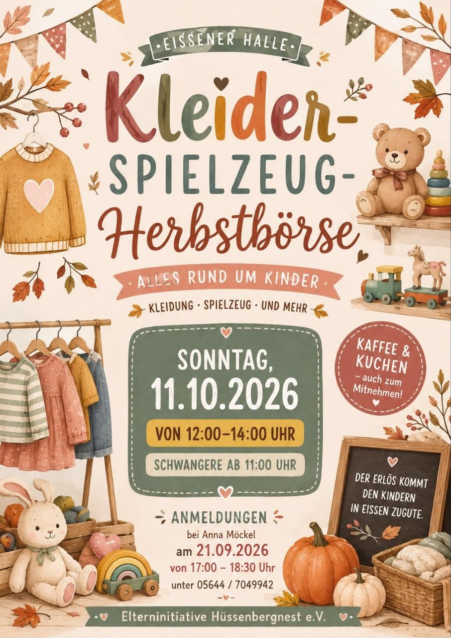 Informationsblatt zur Kleider- und Spielzeugbörse in der Hüssenberghalle in Eissen am 11. Oktober 2026 von 12 bis 14 Uhr